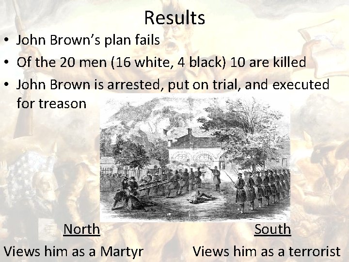 Results • John Brown’s plan fails • Of the 20 men (16 white, 4