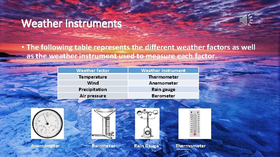 Weather Instruments • The following table represents the different weather factors as well as Weather Instruments • The following table represents the different weather factors as well as
