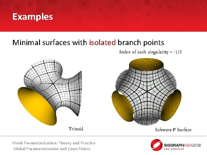 Examples Minimal surfaces with isolated branch points Index of each singularity = -1/2 Trinoid