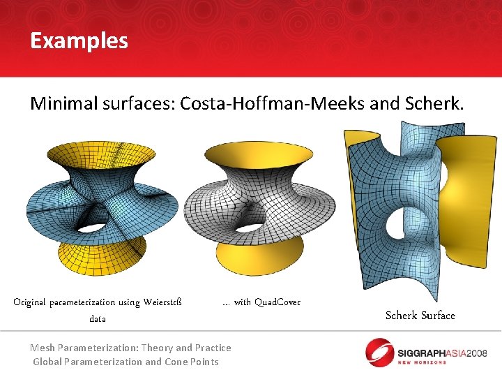 Examples Minimal surfaces: Costa-Hoffman-Meeks and Scherk. Original parameterization using Weierstrß data … with Quad.