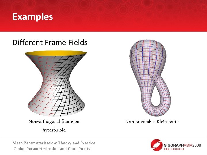 Examples Different Frame Fields Non-orthogonal frame on hyperboloid Mesh Parameterization: Theory and Practice Global