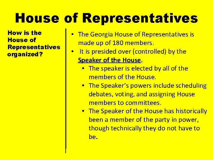 House of Representatives How is the House of Representatives organized? • The Georgia House