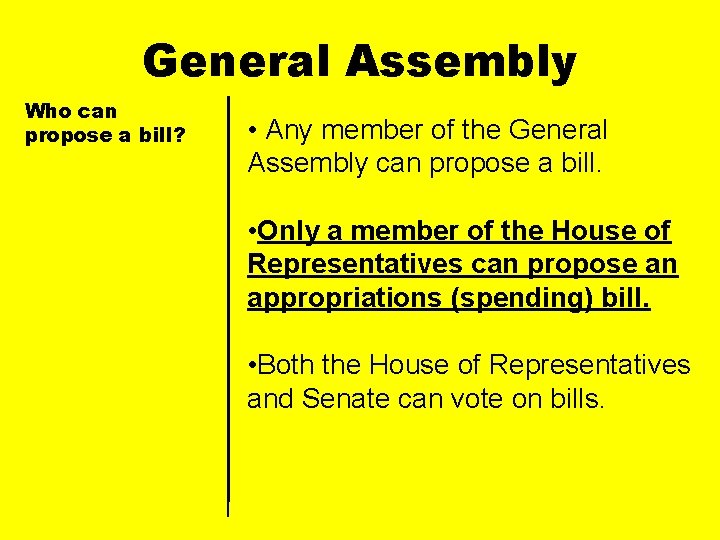 General Assembly Who can propose a bill? • Any member of the General Assembly