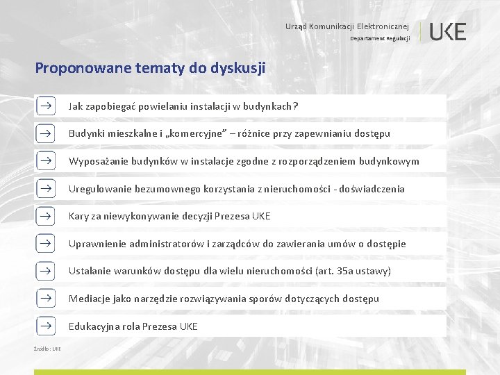Urząd Komunikacji Elektronicznej Departament Regulacji Proponowane tematy do dyskusji Jak zapobiegać powielaniu instalacji w
