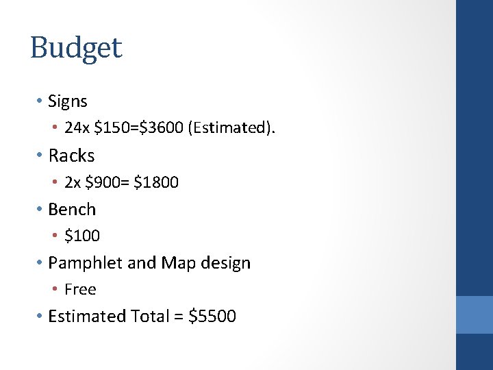 Budget • Signs • 24 x $150=$3600 (Estimated). • Racks • 2 x $900=