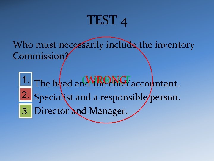 TEST 4 Who must necessarily include the inventory Commission? 1. The head and WRONG