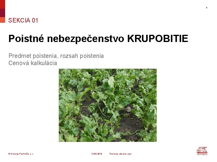 6 SEKCIA 01 Poistné nebezpečenstvo KRUPOBITIE Predmet poistenia, rozsah poistenia Cenová kalkulácia © Generali