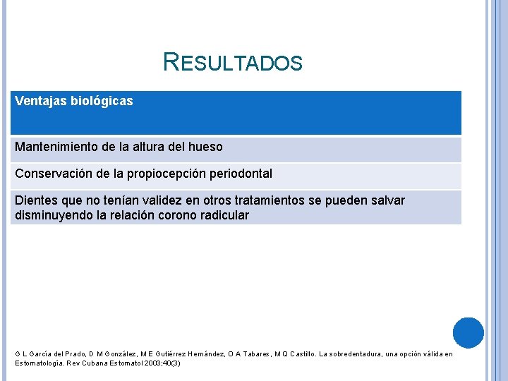 RESULTADOS Ventajas biológicas Mantenimiento de la altura del hueso Conservación de la propiocepción periodontal