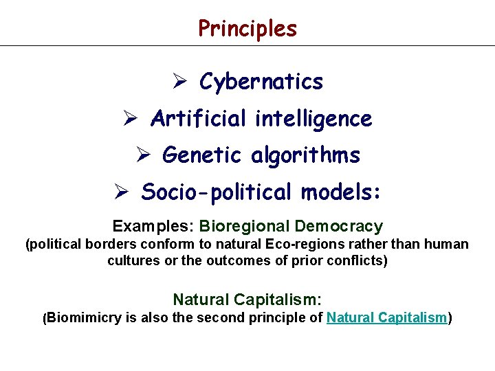 Principles Ø Cybernatics Ø Artificial intelligence Ø Genetic algorithms Ø Socio-political models: Examples: Bioregional