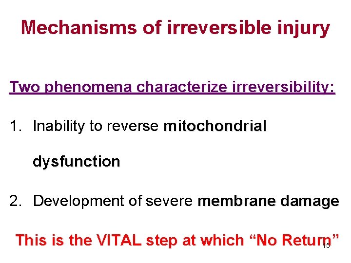 Mechanisms of irreversible injury Two phenomena characterize irreversibility: 1. Inability to reverse mitochondrial dysfunction