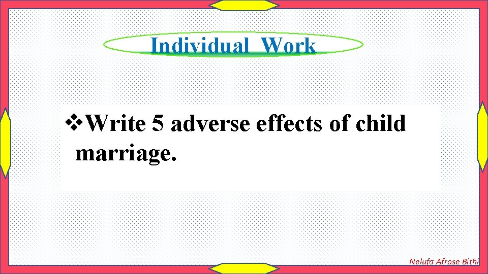 Individual Work v. Write 5 adverse effects of child marriage. Nelufa Afrose Bithi 