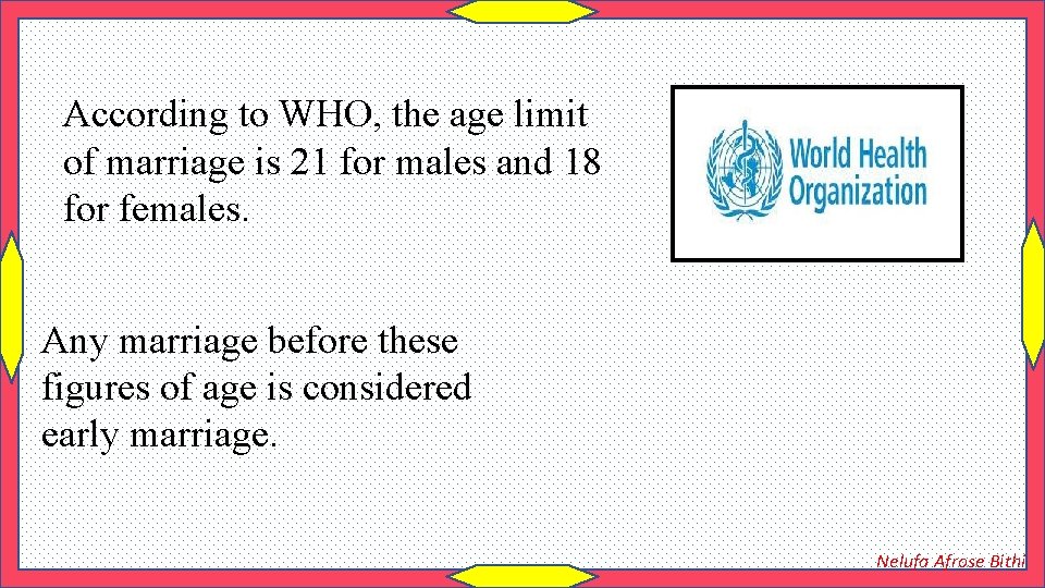 According to WHO, the age limit of marriage is 21 for males and 18