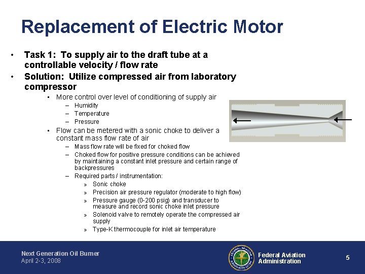 Replacement of Electric Motor • • Task 1: To supply air to the draft