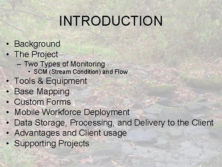 INTRODUCTION • Background • The Project – Two Types of Monitoring • SCM (Stream