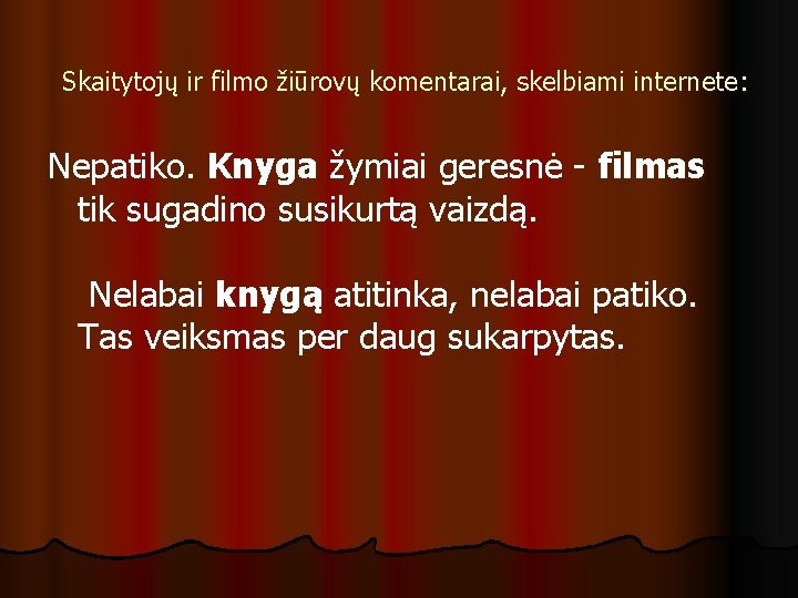 Skaitytojų ir filmo žiūrovų komentarai, skelbiami internete : Nepatiko. Knyga žymiai geresnė - filmas