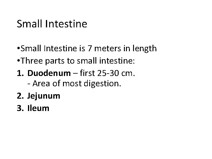 Small Intestine • Small Intestine is 7 meters in length • Three parts to