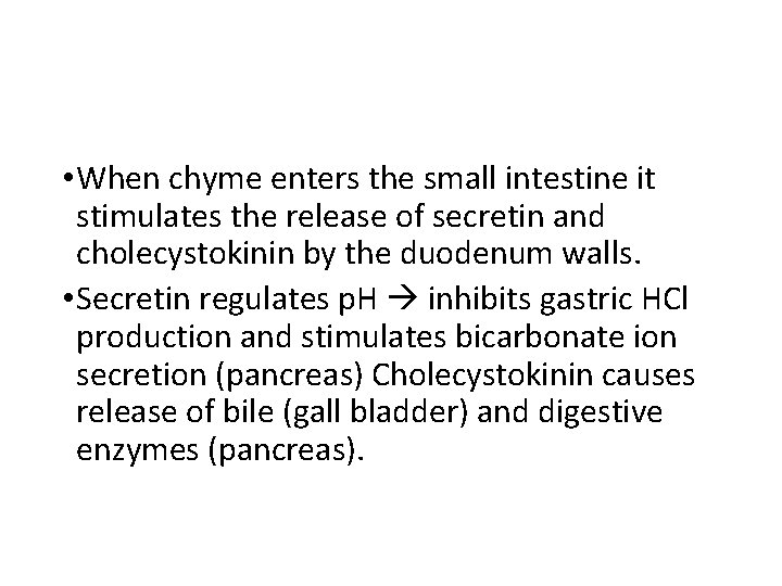  • When chyme enters the small intestine it stimulates the release of secretin