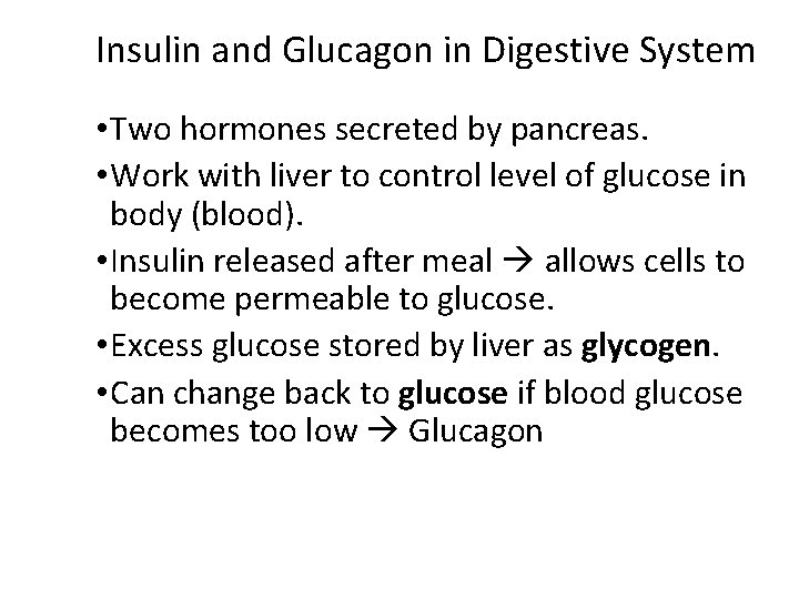 Insulin and Glucagon in Digestive System • Two hormones secreted by pancreas. • Work