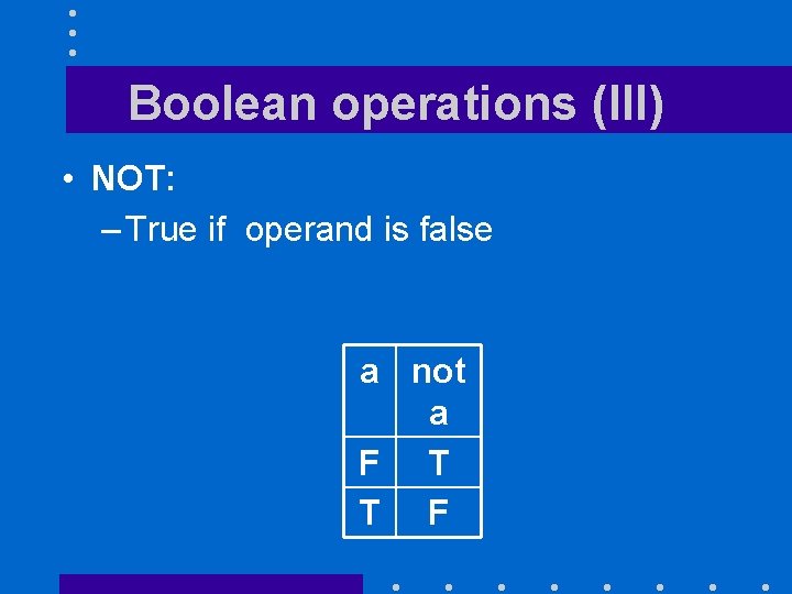 Boolean operations (III) • NOT: – True if operand is false a not a