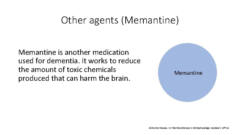 Other agents (Memantine) Memantine is another medication used for dementia. It works to reduce