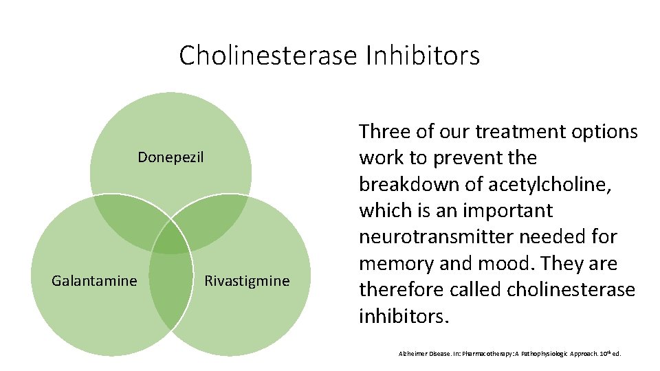 Cholinesterase Inhibitors Donepezil Galantamine Rivastigmine Three of our treatment options work to prevent the