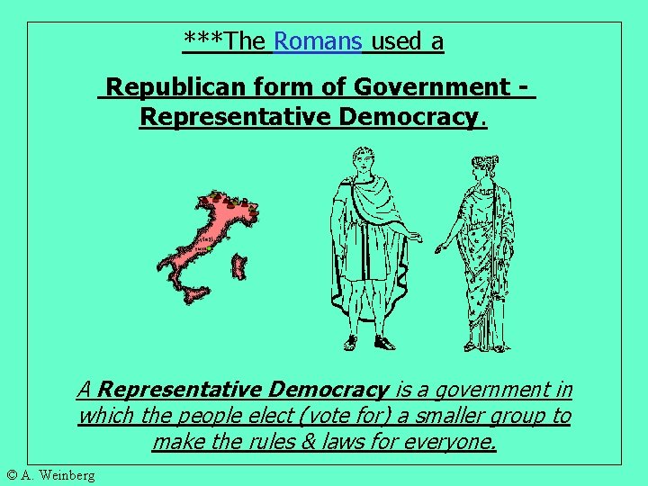 ***The Romans used a Republican form of Government Representative Democracy. A Representative Democracy is