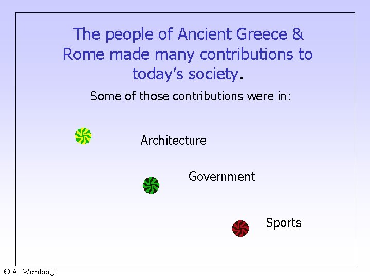 The people of Ancient Greece & Rome made many contributions to today’s society. Some