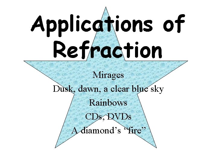 Applications of Refraction Mirages Dusk, dawn, a clear blue sky Rainbows CDs, DVDs A