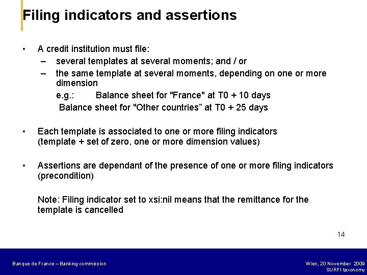 Filing indicators and assertions • A credit institution must file: – several templates at