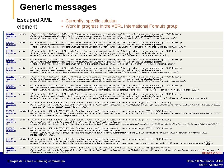 Generic messages Escaped XML element • Currently, specific solution • Work in progress in