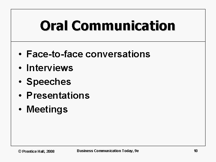 Oral Communication • • • Face-to-face conversations Interviews Speeches Presentations Meetings © Prentice Hall,
