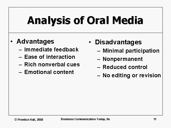Analysis of Oral Media • Advantages – – • Disadvantages Immediate feedback Ease of