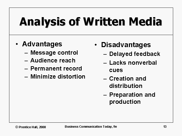 Analysis of Written Media • Advantages – – • Disadvantages Message control Audience reach