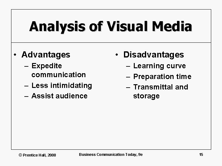 Analysis of Visual Media • Advantages • Disadvantages – Expedite communication – Less intimidating