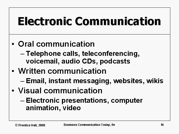 Electronic Communication • Oral communication – Telephone calls, teleconferencing, voicemail, audio CDs, podcasts •
