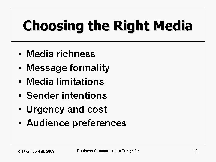 Choosing the Right Media • • • Media richness Message formality Media limitations Sender