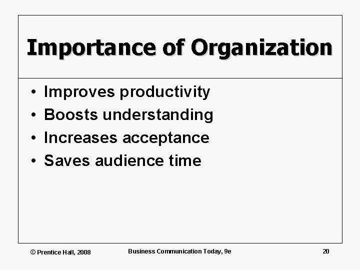 Importance of Organization • • Improves productivity Boosts understanding Increases acceptance Saves audience time