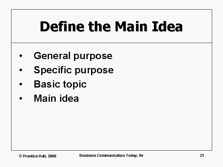 Define the Main Idea • • General purpose Specific purpose Basic topic Main idea