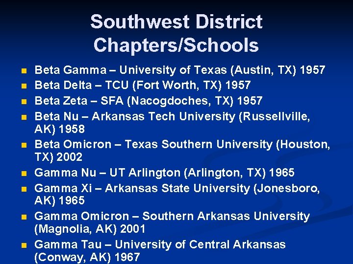 Southwest District Chapters/Schools n n n n n Beta Gamma – University of Texas