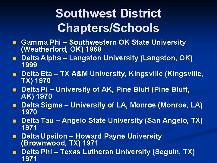 Southwest District Chapters/Schools n n n n Gamma Phi – Southwestern OK State University