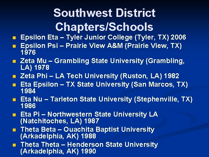 Southwest District Chapters/Schools n n n n n Epsilon Eta – Tyler Junior College