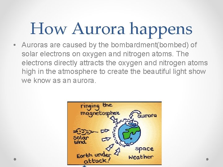 How Aurora happens • Auroras are caused by the bombardment(bombed) of solar electrons on