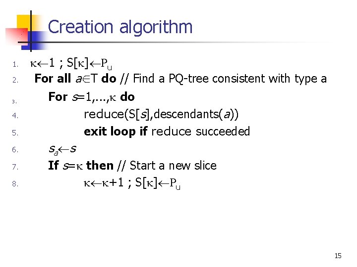 Creation algorithm 1. 2. 3. 4. 5. 6. 7. 8. 1 ; S[ ]