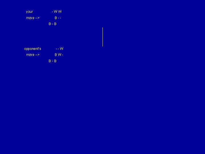 your move --> -WW B-B-B opponent’s --W move --> BWB-B 