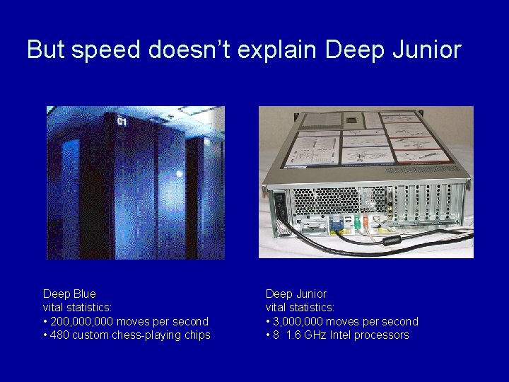 But speed doesn’t explain Deep Junior Deep Blue vital statistics: • 200, 000 moves