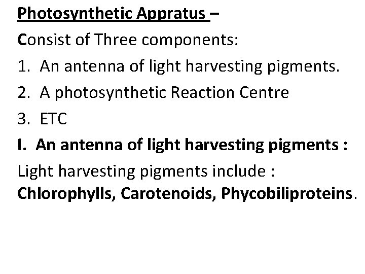 Photosynthetic Appratus – Consist of Three components: 1. An antenna of light harvesting pigments. Photosynthetic Appratus – Consist of Three components: 1. An antenna of light harvesting pigments.