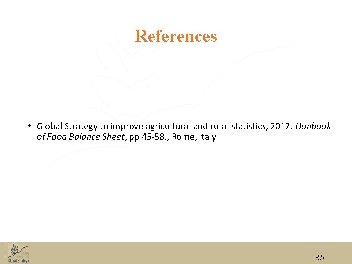 References • Global Strategy to improve agricultural and rural statistics, 2017. Hanbook of Food