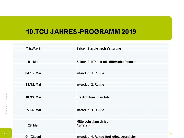 10. TCU JAHRES-PROGRAMM 2019 März/April Firmenpräsentation TCU 01. Mai Saison-Start je nach Witterung Saison-Eröffnung