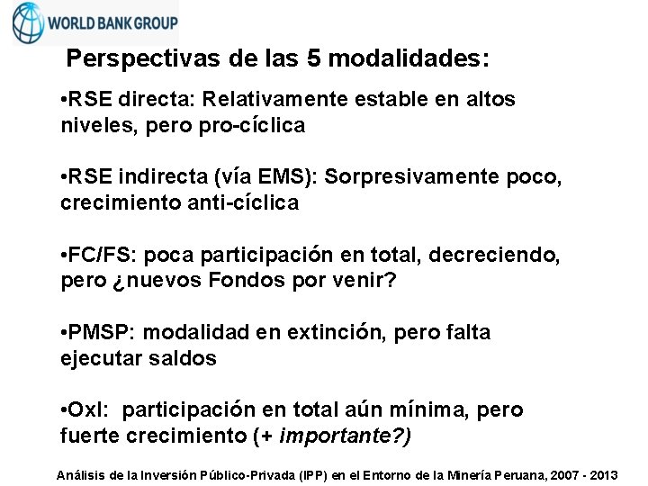 Perspectivas de las 5 modalidades: • RSE directa: Relativamente estable en altos niveles, pero