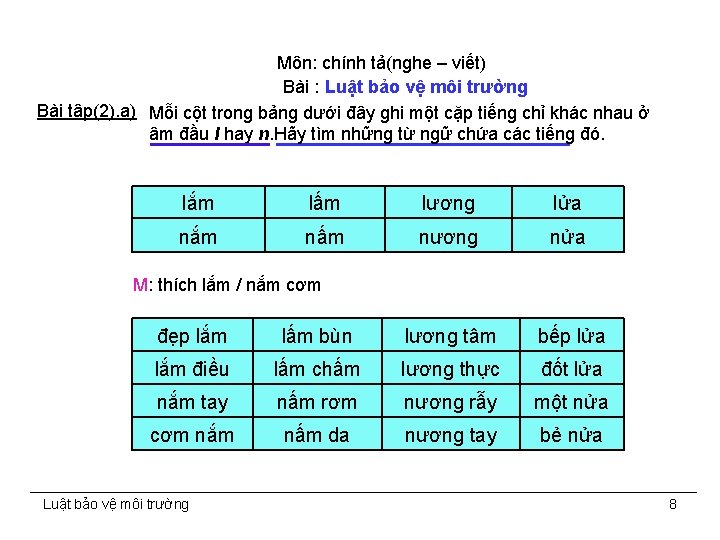 Môn: chính tả(nghe – viết) Bài : Luật bảo vệ môi trường Bài tập(2).